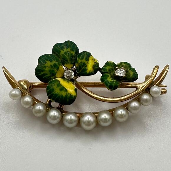 Antique Victorian solid 14kt gold seed pearls precious gems 4 leaf clover brooch - Picture 5 of 10
